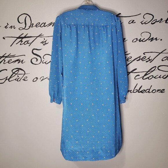 Vintage 80s Schrader Sport Blue Patterned Day Dress, Shirt Dress, 12 - Picture 4 of 8